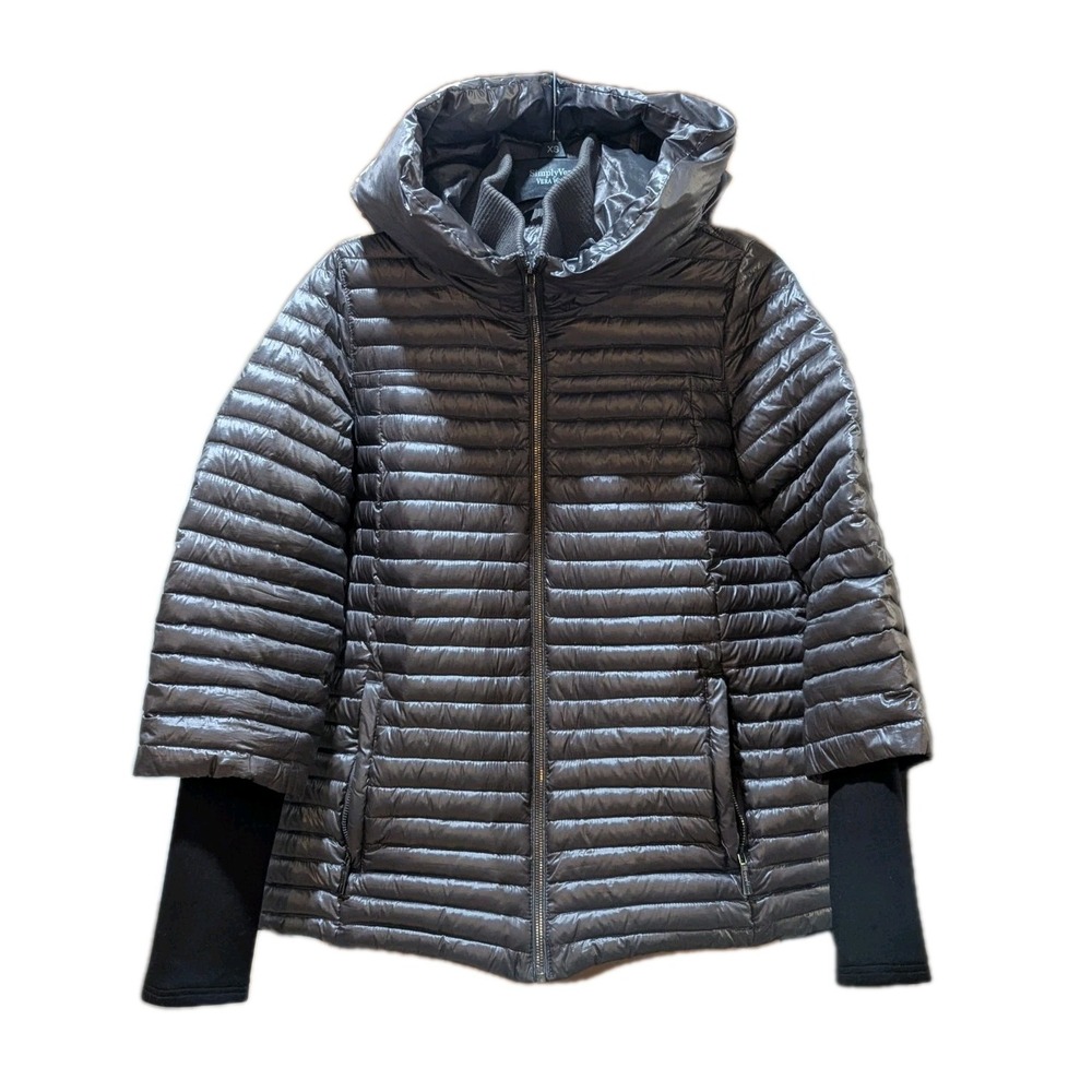 Donna Karan Silver/Black Puffer Hooded Premium Duck Down Jacket Size Sm Petite